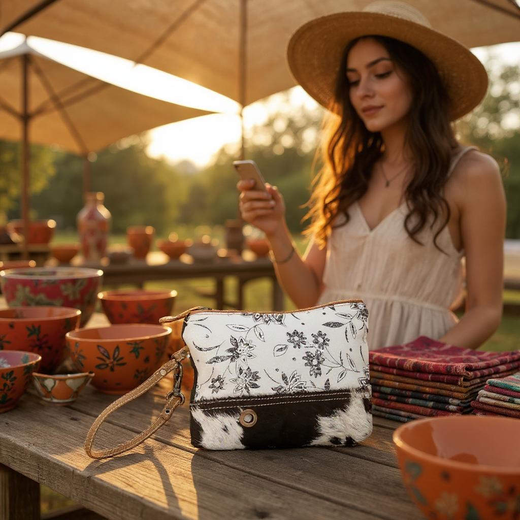 Woman using a phone with a floral-patterned clutch from Myra Bag sitting on a wooden table outdoors.