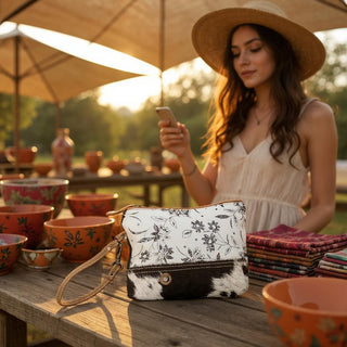 Woman using a phone with a floral-patterned clutch from Myra Bag sitting on a wooden table outdoors.