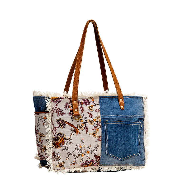Myra handbag with floral pattern and denim pocket 