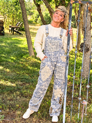 Women's Boho Patchwork Wide Leg Overalls – Vintage Mixed Print with Crochet Lace Details