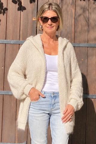 Women's Oatmeal Hooded Chunky Knit Cardigan – Oversized Open Front Sweater