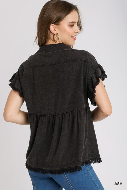 Linen Blend Washed Button Down Top - Ash