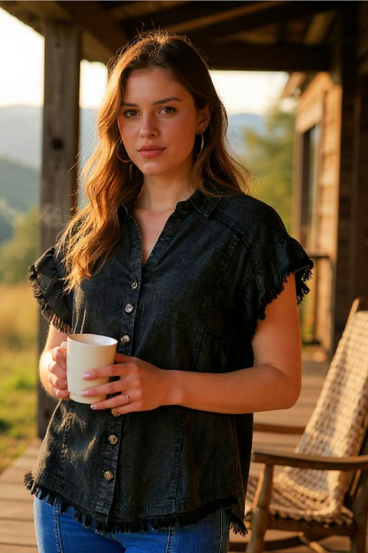 Linen Blend Washed Button Down Top - Ash