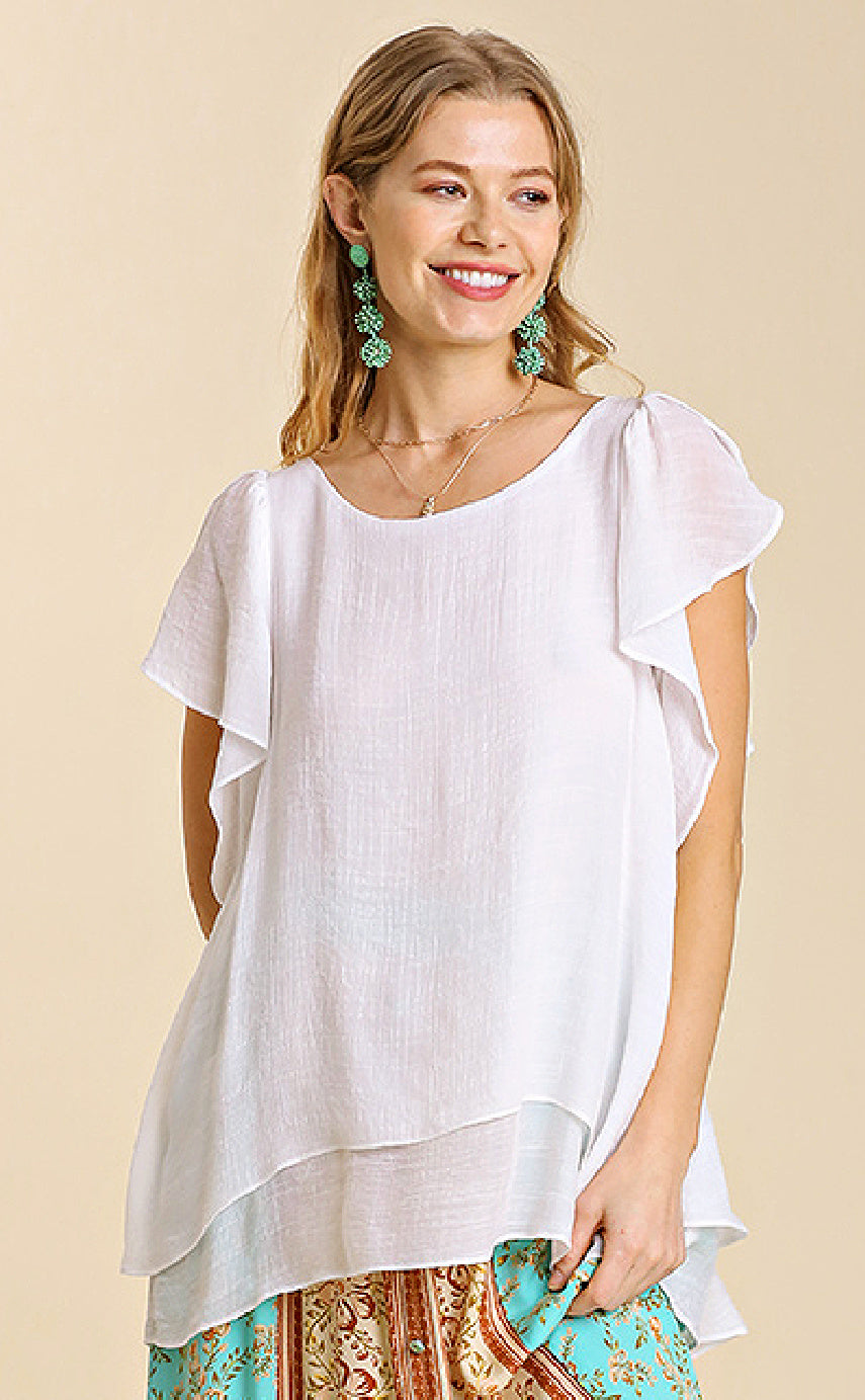 Double Layer Short Ruffle Sleeve Tunic - Off White