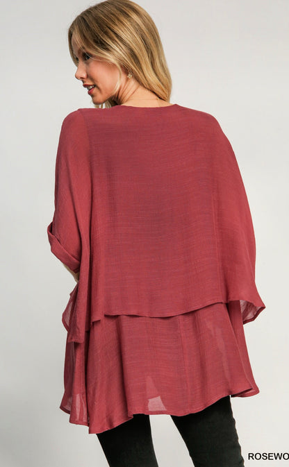 Cuffed Sleeve Layered Tunic Top - Rosewood