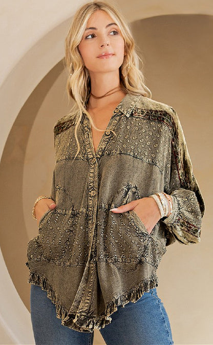 Bohemian Stone Washed Bat Wing Sleeve Top