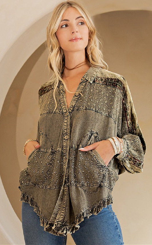 Bohemian Stone Washed Bat Wing Sleeve Top