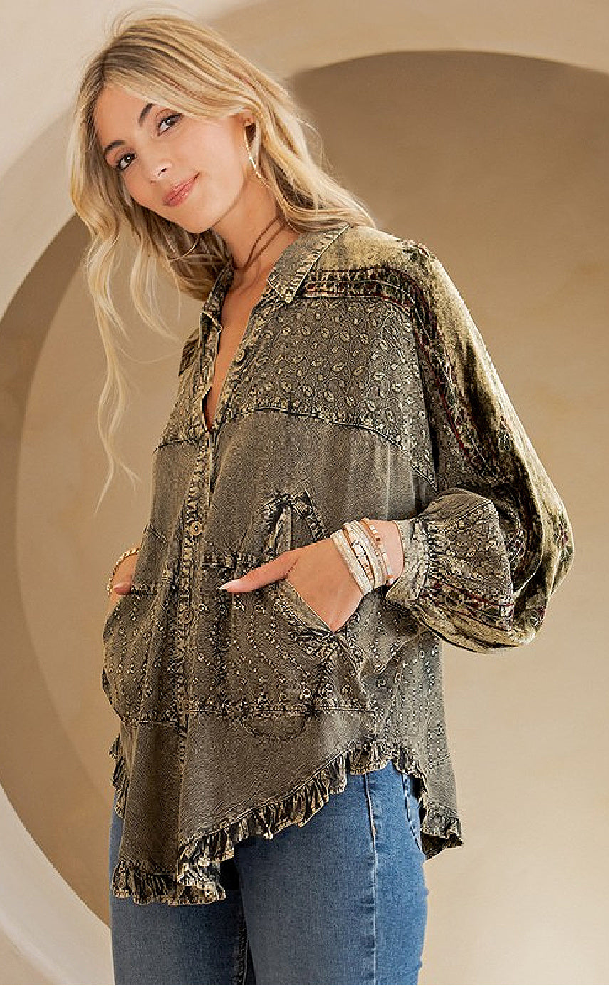 Bohemian Stone Washed Bat Wing Sleeve Top