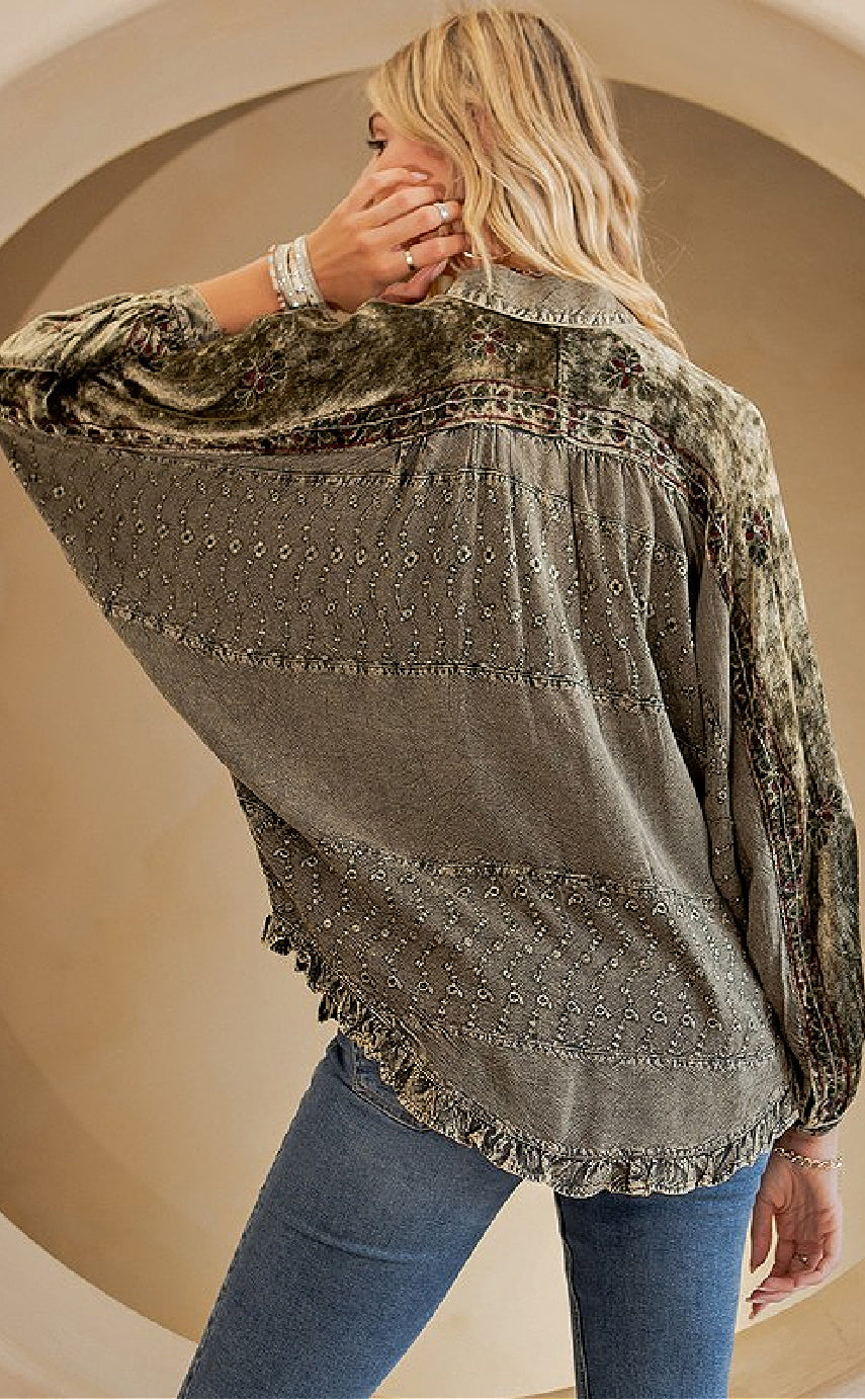 Bohemian Stone Washed Bat Wing Sleeve Top