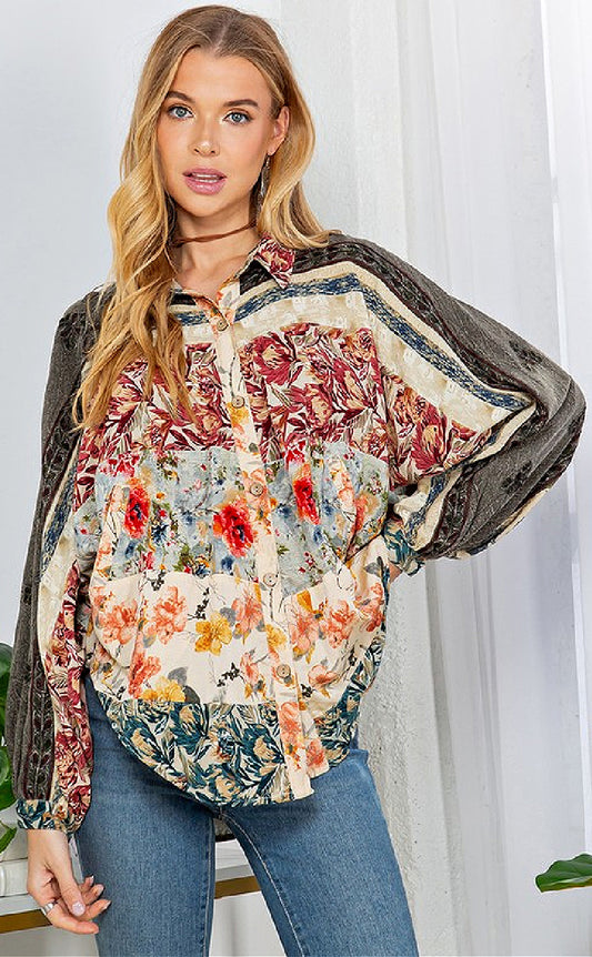 Embroidery & Floral Print Bishop Sleeved Blouse