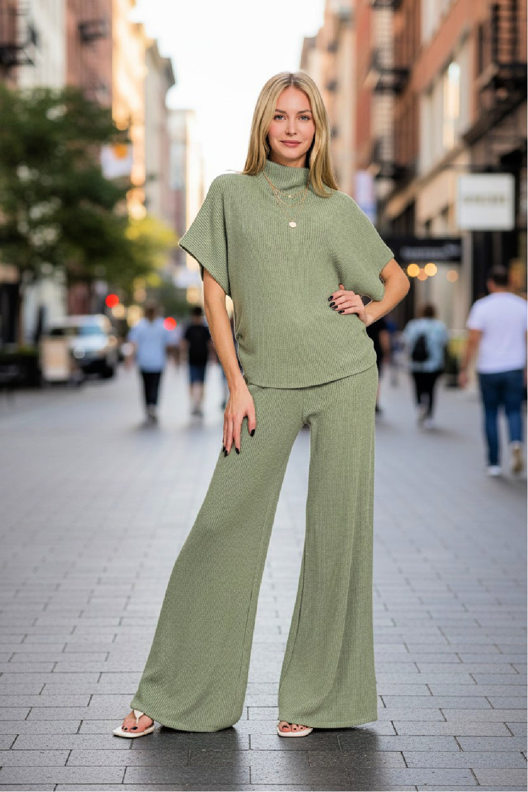 Sweater Top and Pant Set - Light Olive