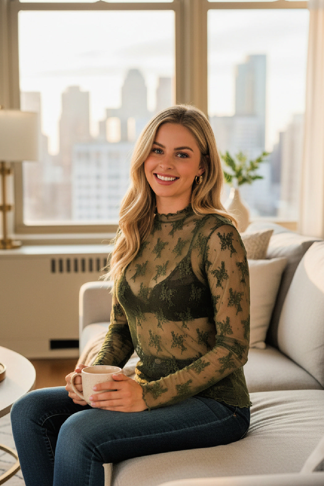 Olive Green Lace Sheer Top