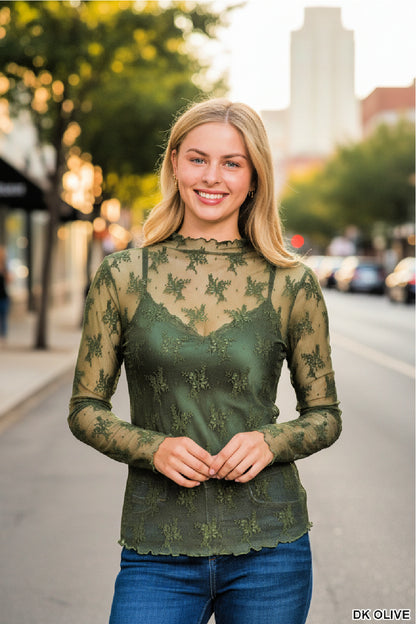 Olive Green Lace Sheer Top