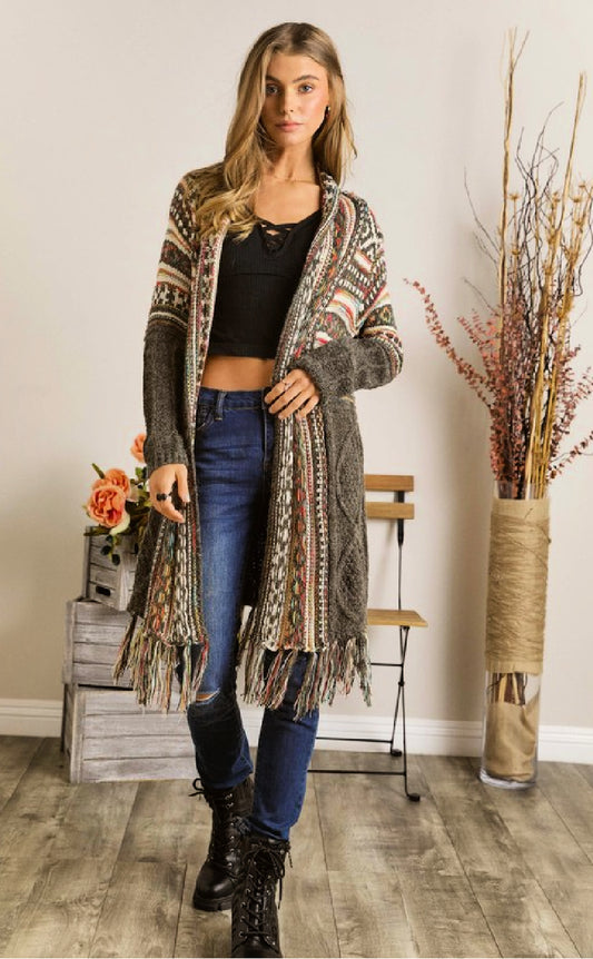 Fringe Hem Aztec Tribal Sweater Cardigan