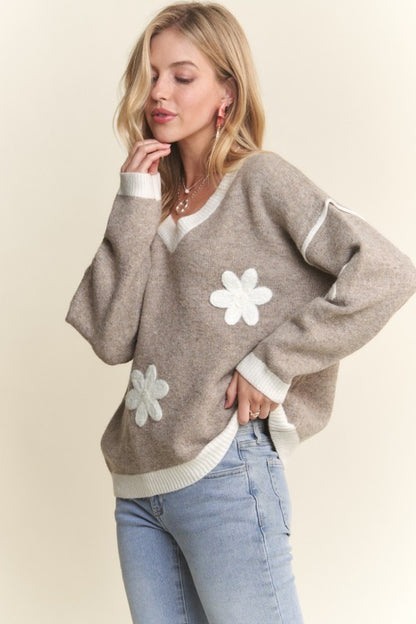 V Neck Floral Applique Sweater