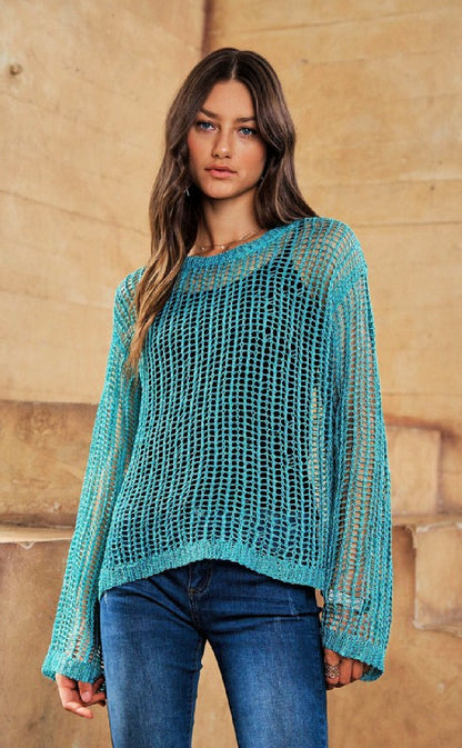 ON SALE - Metallic Crochet Pullover Top - Jade