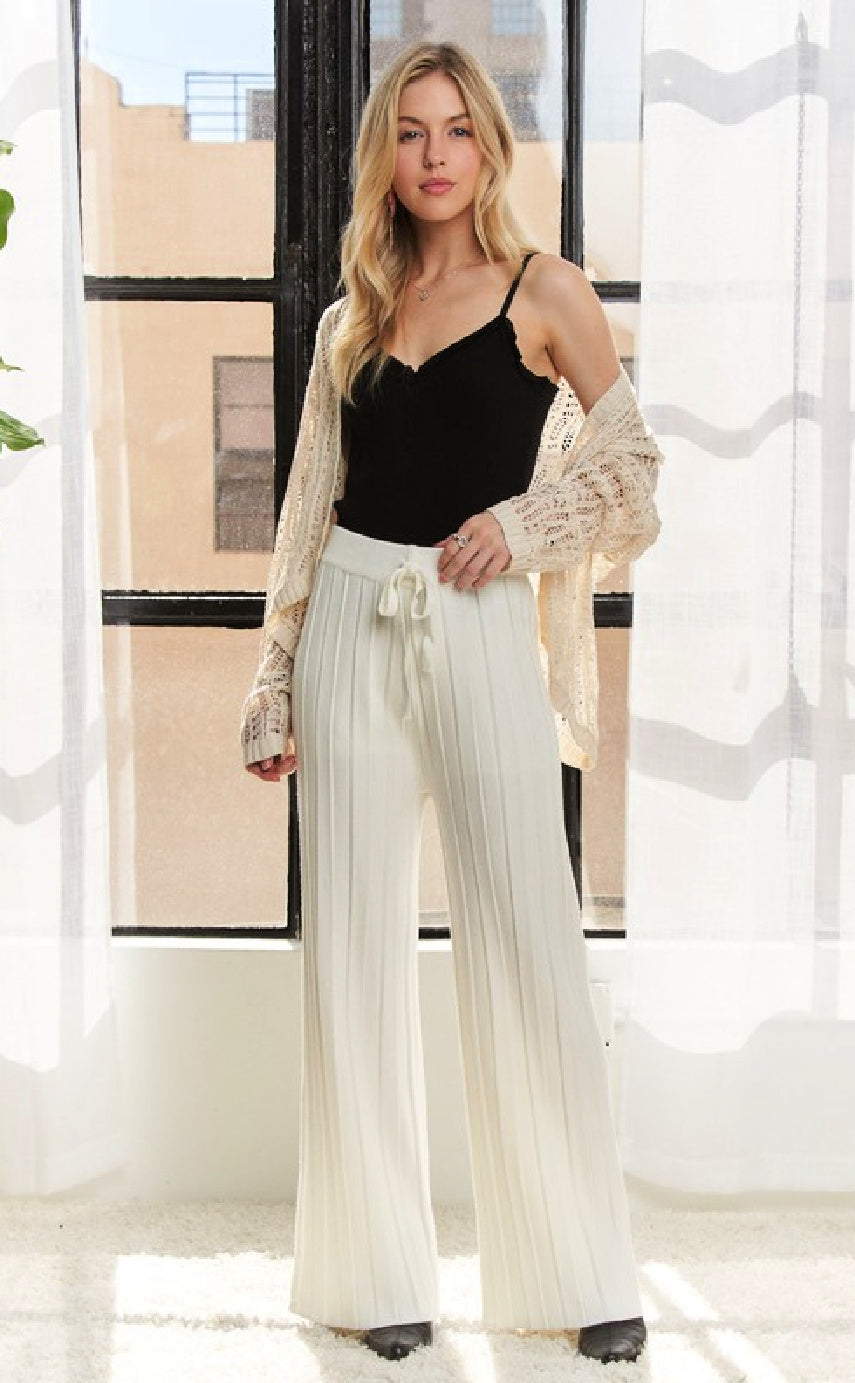 Waist Tie Textured Wide Leg Knit Pants