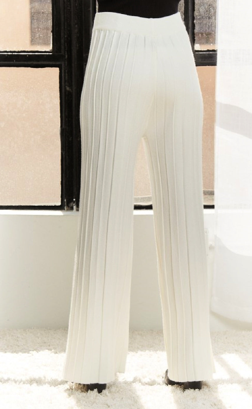 Waist Tie Textured Wide Leg Knit Pants