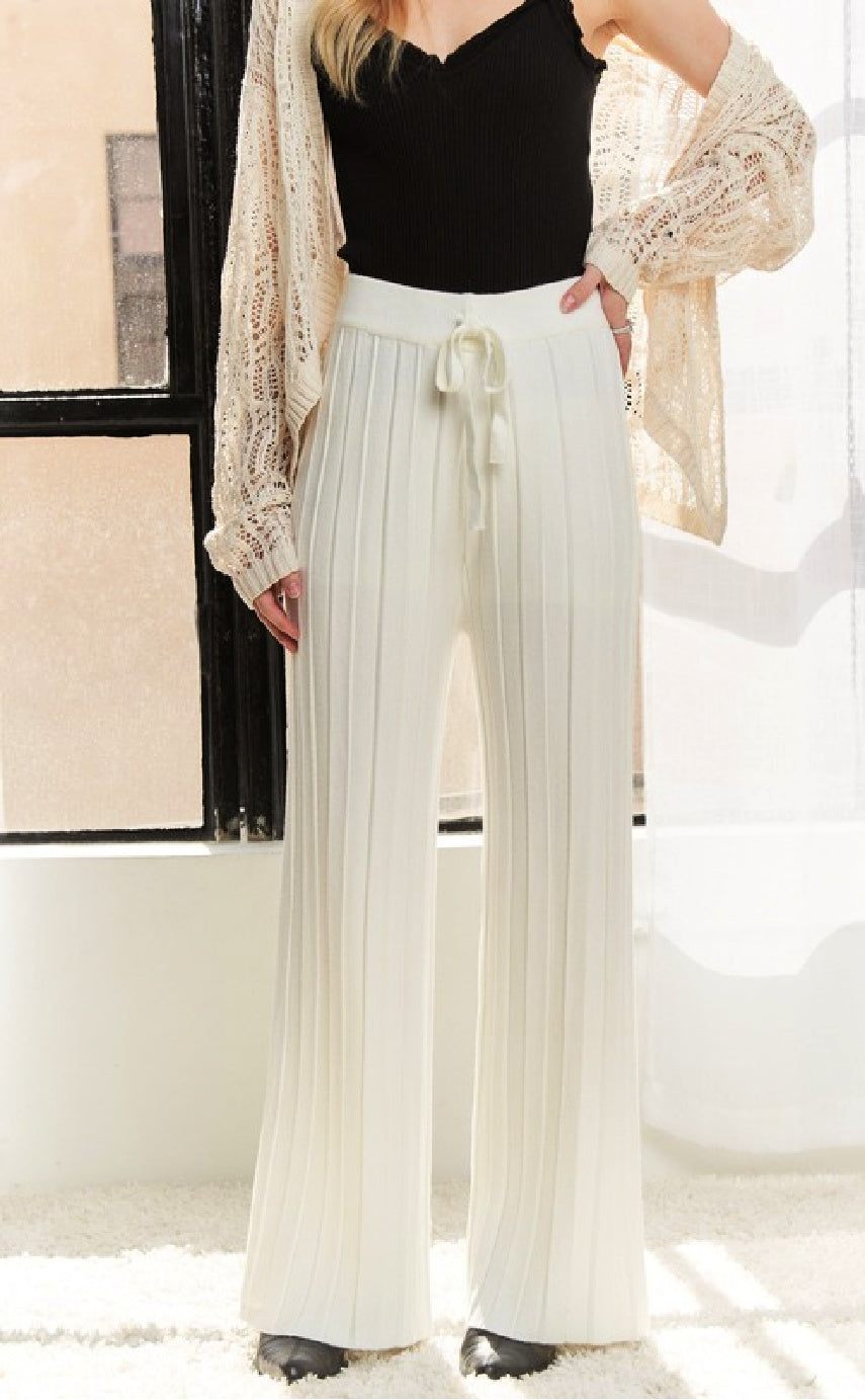 Waist Tie Textured Wide Leg Knit Pants