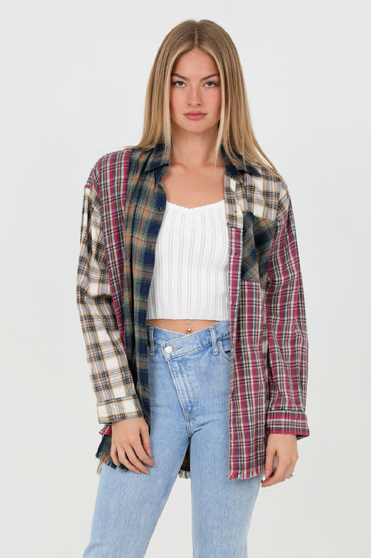 Mixed Plaid Print Button Down Shirt