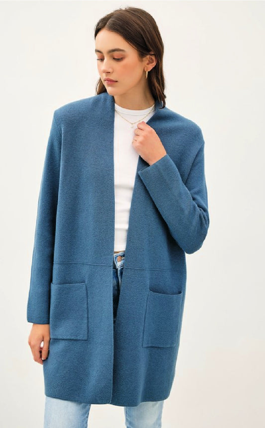 Open Front Knit Sweater Coat - Teal