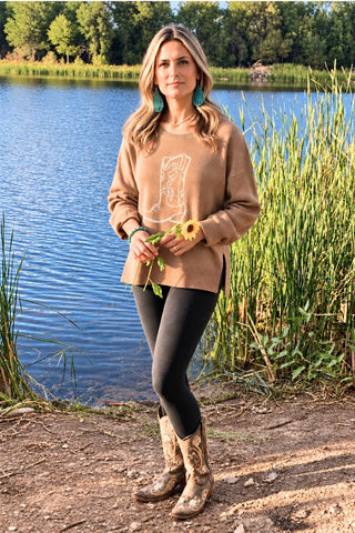 Western Boot Embroidered Sweater - Camel