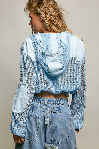 Blue Textured Cotton Hoodie