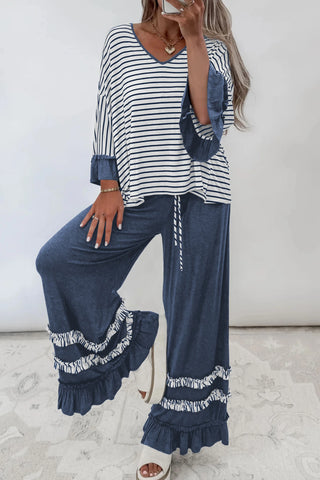 V-Neck Ruffle Sleeve Contrast Top and Pant Set