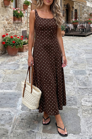 Brown Polka Dot Sleeveless Maxi Dress