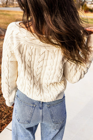 Cozy Drop Shoulder Round Neck Cable Knit Sweater - Cream