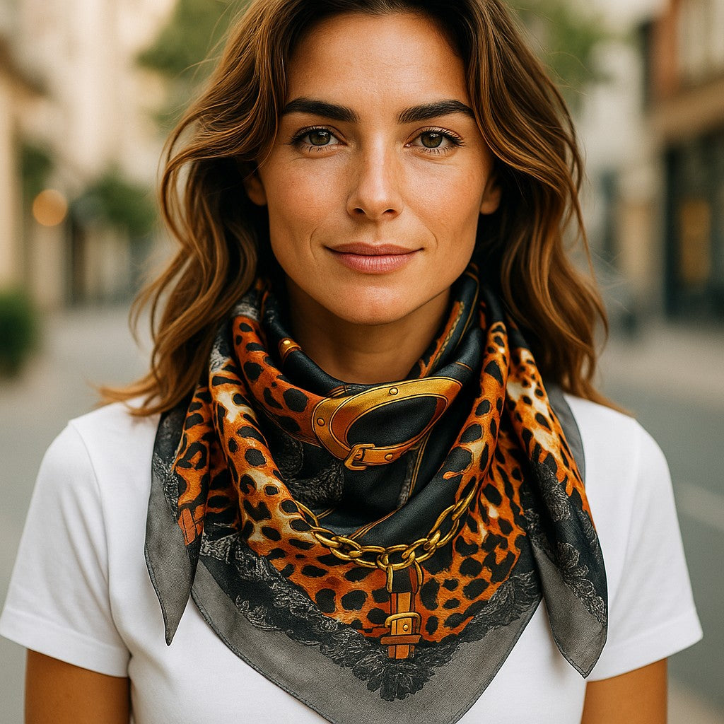 Woman wearing a leopard and buckle print stylish scarf with a blurred street background