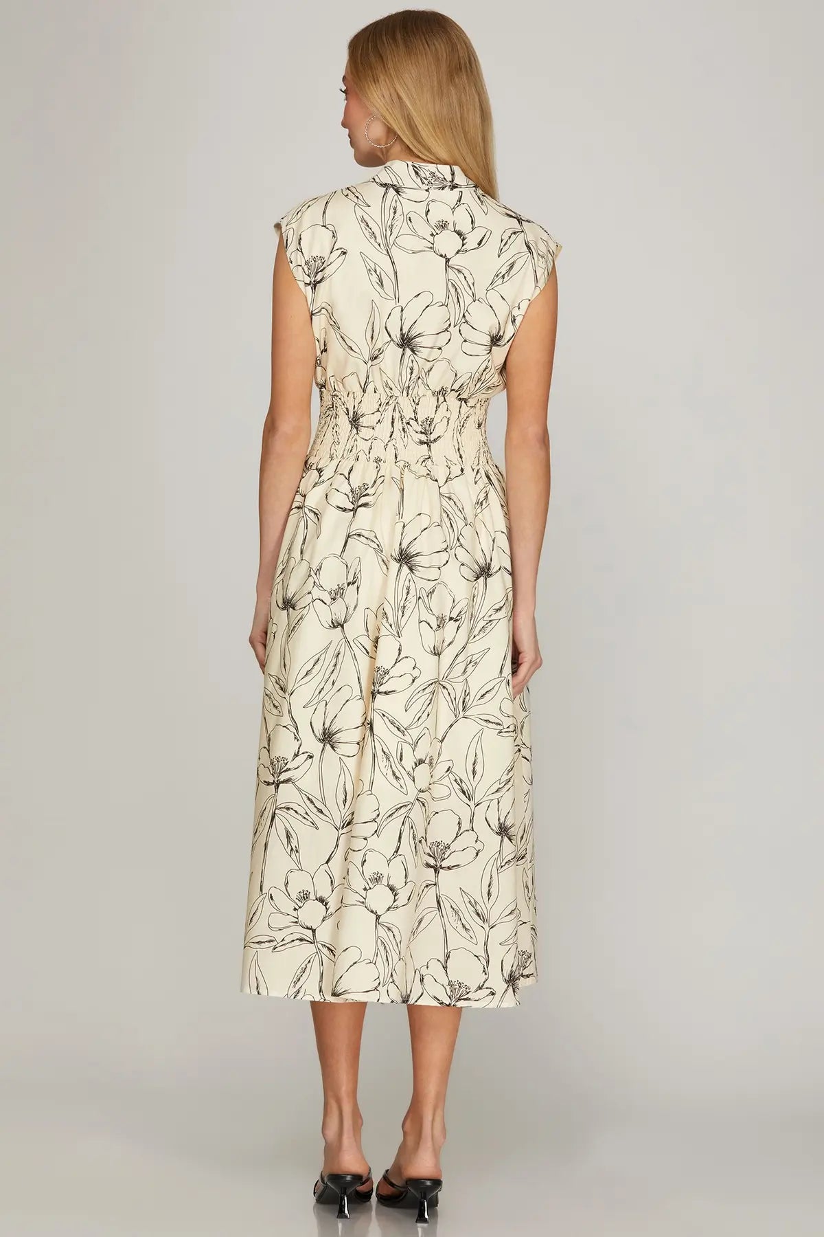 Smocked Waist Front Zip Midi Dress