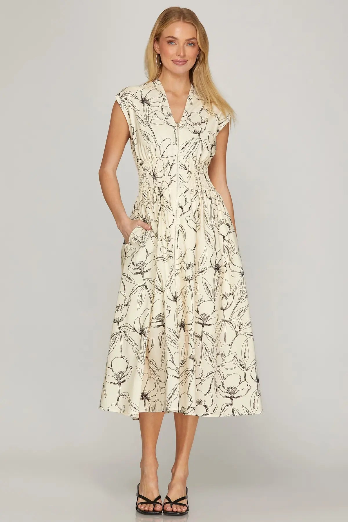 Smocked Waist Front Zip Midi Dress