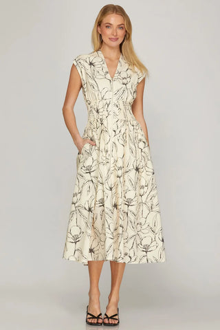 Smocked Waist Front Zip Midi Dress