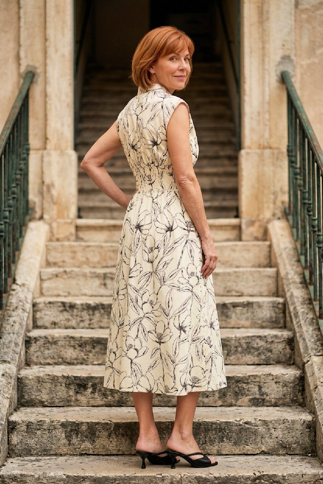 Smocked Waist Front Zip Midi Dress