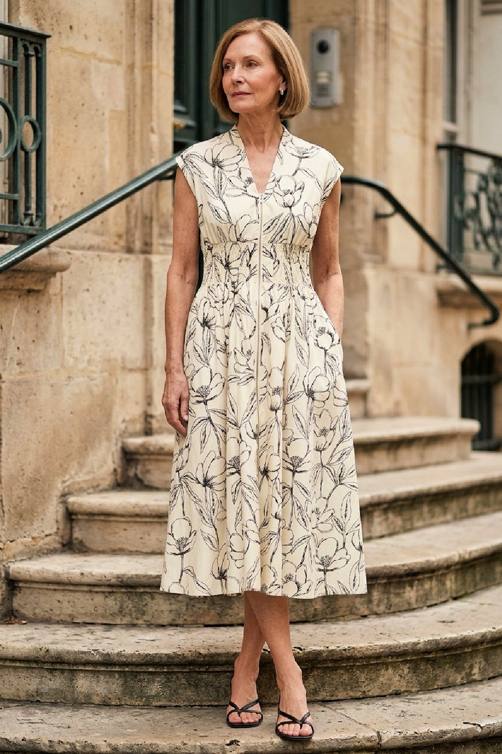 Smocked Waist Front Zip Midi Dress
