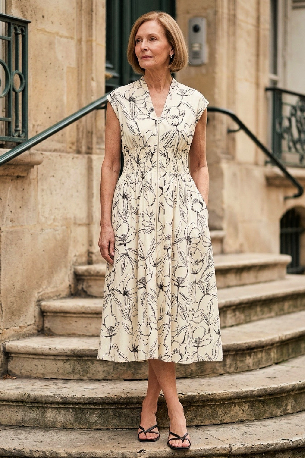 Smocked Waist Front Zip Midi Dress