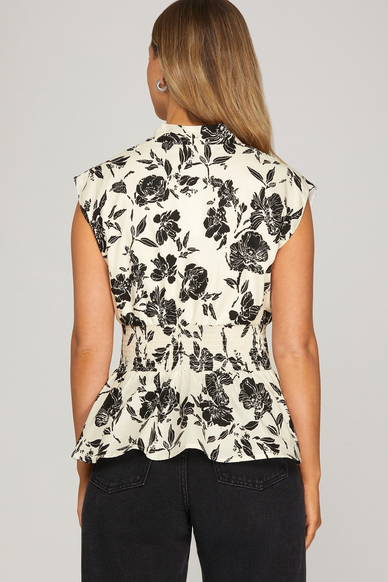 Smocked Waist Front Zipper Floral Top