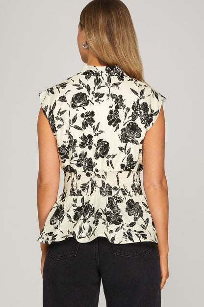 Smocked Waist Front Zipper Floral Top