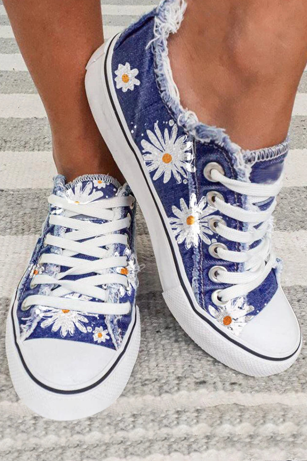 Boho Daisy Frayed Denim Lace-Up Sneakers 🌼