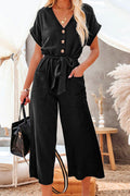 Black V-Neck Dolman Wide-Leg Belted Jumpsuit