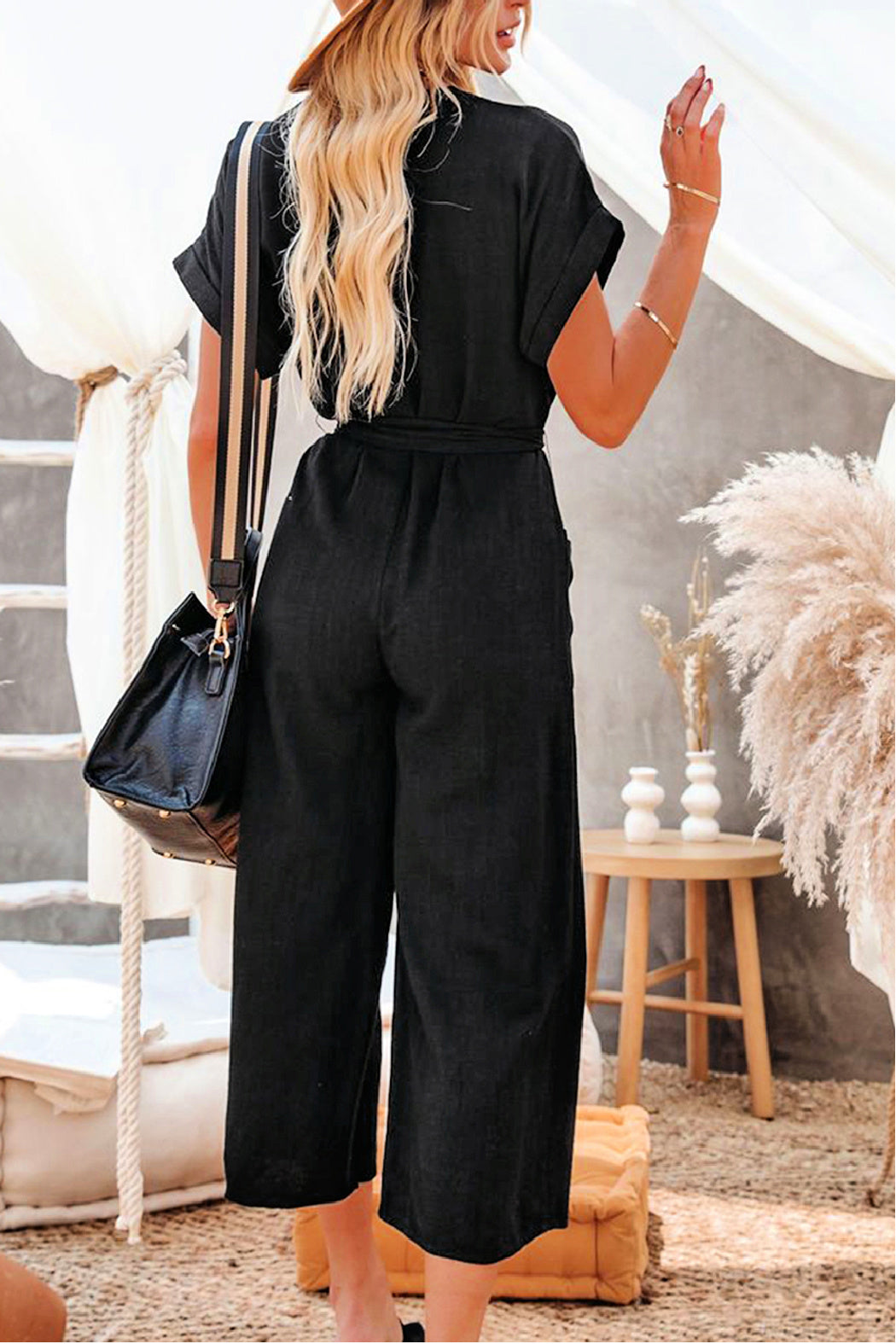 Black V-Neck Dolman Wide-Leg Belted Jumpsuit