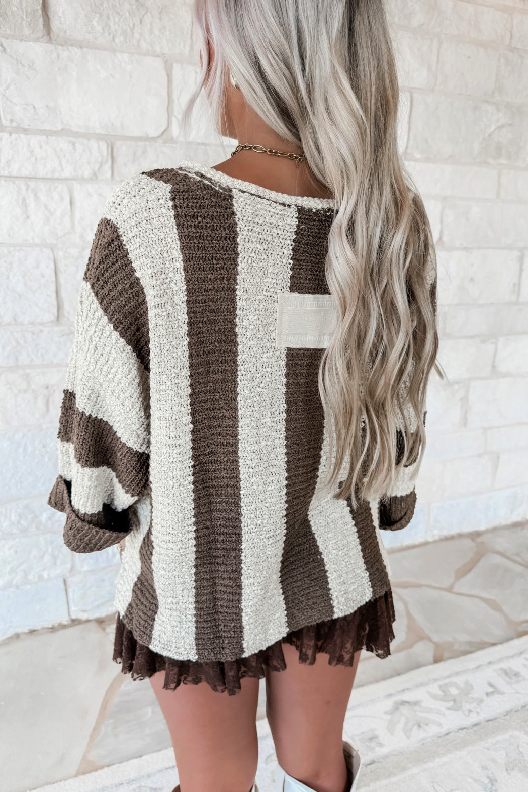 Brown Stripe Colorblock V Neck Bracelet Sleeve Sweater