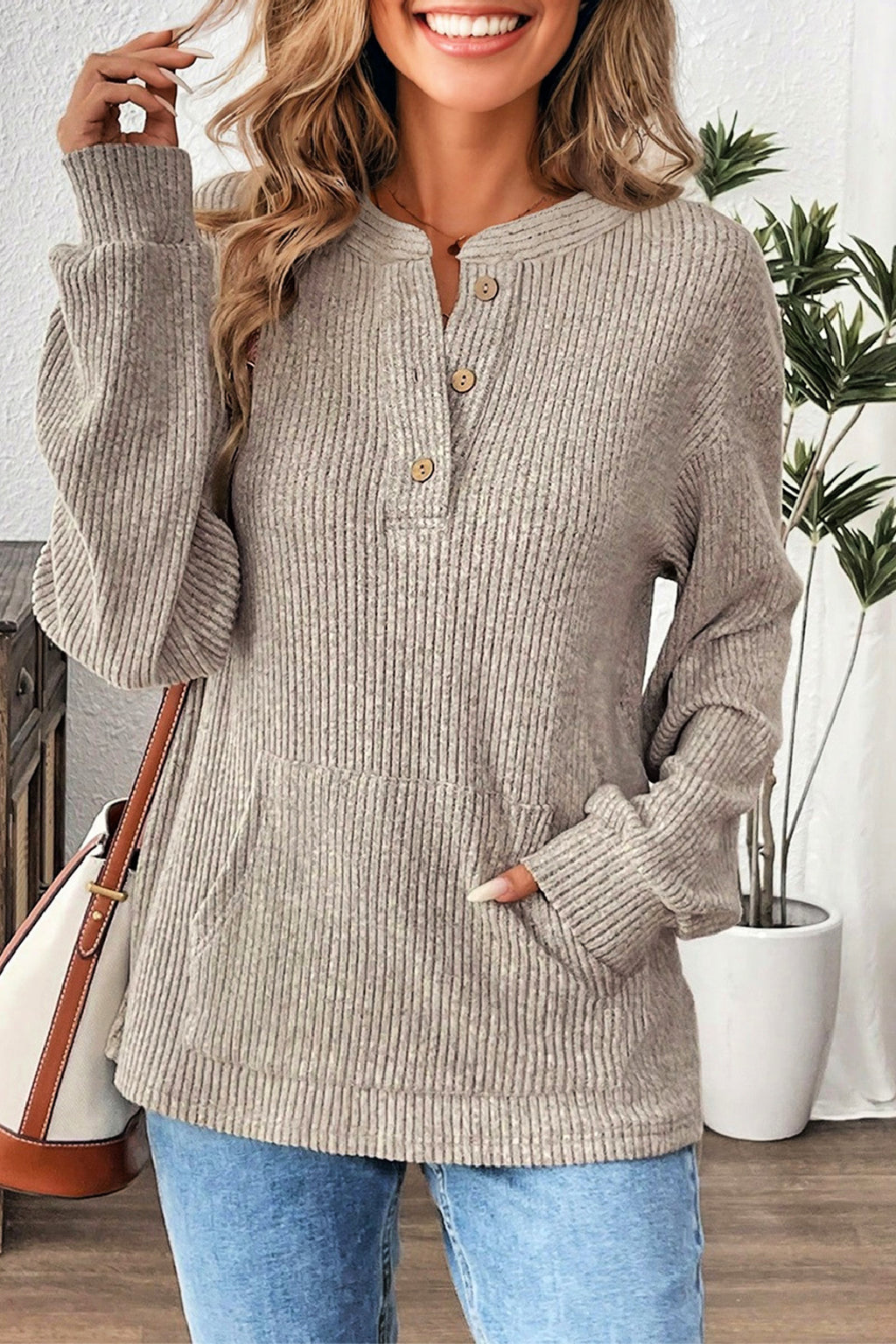 Ribbed Henley Top - Taupe