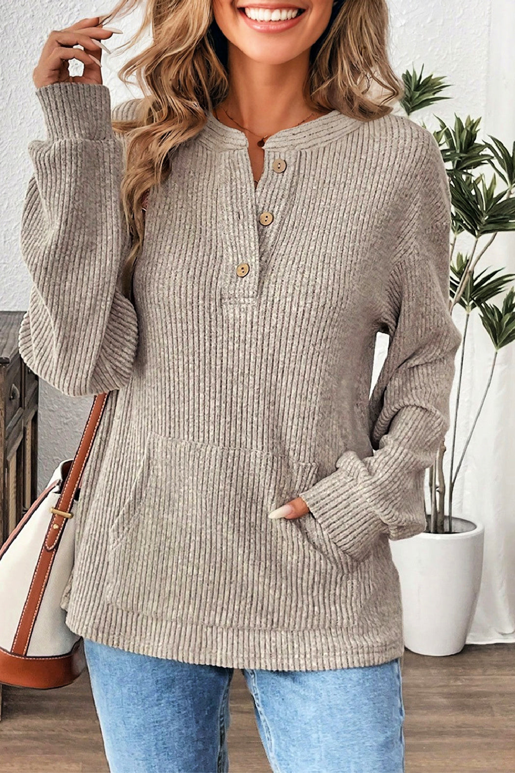 Ribbed Henley Top - Taupe