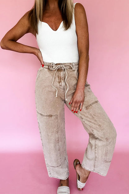 Smoke Gray Acid Wash Barrel Fit Denim – High-Waist Drawstring Streetwear Jeans