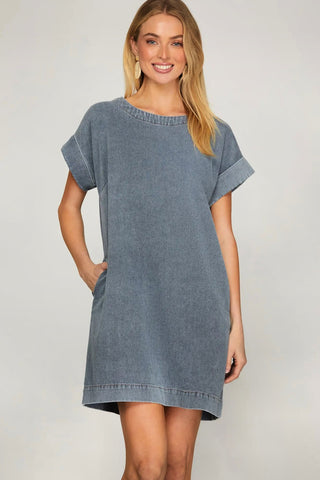 Washed Denim Back Button Pocket Dress