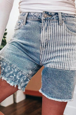 Paisley & Stripes Mix: The Ultimate Patchwork Raw Hem Denim Shorts ✨