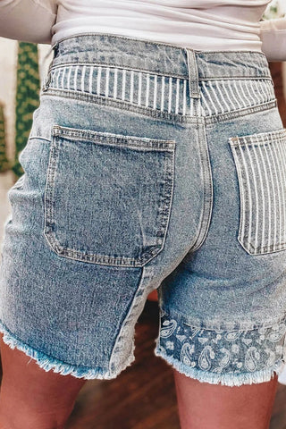Paisley & Stripes Mix: The Ultimate Patchwork Raw Hem Denim Shorts ✨
