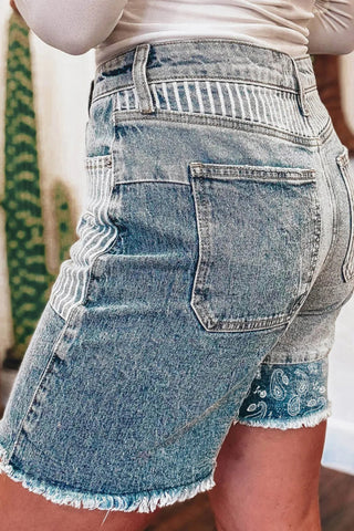 Paisley & Stripes Mix: The Ultimate Patchwork Raw Hem Denim Shorts ✨